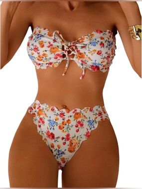 Women's Bandeau Bathing Suit Floral Scallop Tie Bikini Set Two Piece-SIZE M